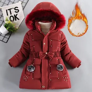 Зимние утепленные пальто из кашемира для девочек, детские модные длинные парки с жемчугом, детские пальто с капюшоном и поясом, новые уличные парки