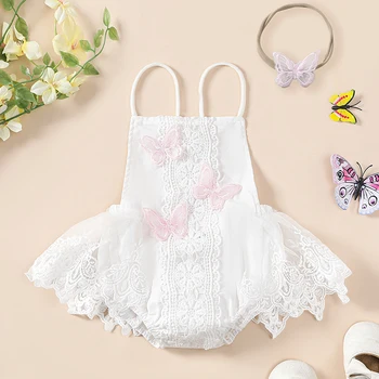 0-24 м, платье-комбинезон для новорожденных девочек, без рукавов, с бабочкой, кружевные тюлевые боди, комбинезоны с повязкой на голову, летняя одежда для малышей
