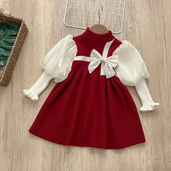 Вязаное платье для девочки 0-6 лет, новогоднее платье-свитер, красное рождественское платье, милое рождественское платье