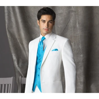STEVDITG Мужские костюмы жениха Свадебные роскошные Белые пиджачные брюки из 3 предметов Синий жилет Элегантный блейзер с однобортным зубчатым лацканом