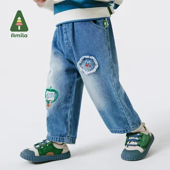 Детские джинсы Amila 2024, весенние новые ковбойские повседневные брюки для мальчиков из мягкого, приятного для кожи, чистого хлопка