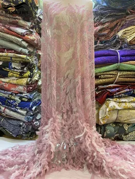 Madison Роскошная высококачественная кружевная ткань из французского бисера с перьями 2023 года, высококачественная африканская ткань с блестками для свадебного платья