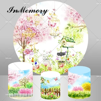 Весенний сад, Розовый цветочный круг, фон, детский душ, декор для вечеринки по случаю Дня рождения, стол для конфет, крышка для цилиндра, бабочка, круглый фон