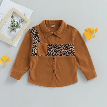 Осенне-весенние пальто для малышей 3-7 лет, уличная мода для маленьких мальчиков, Леопардовые лоскутные рубашки с длинными рукавами и отворотом, леопардовые топы в стиле пэчворк