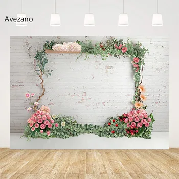 Весенние фоны Avezano для фотосъемки Цветы Кирпичная стена Портрет ребенка на день рождения Фон для торта Декор фотостудии