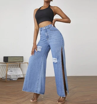 Женские джинсы 2023 года, Новый тренд индивидуальности, Длинные джинсы с высокой талией, рваные Сексуальные джинсы с разрезами, широкие брюки, джинсовые длинные брюки