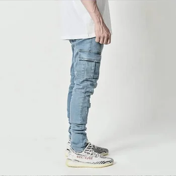 Уличные эластичные джинсы Мужские джинсовые брюкикарго, одноцветное изделие, повседневные брюки со множеством карманов, средняя талия, приталенный крой, повседневная одежда