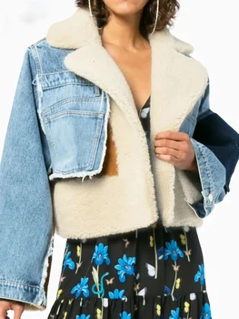 Джинсовая куртка в стиле пэчворк Женская Осенне зимняя куртка с отложным воротником из овечьей шерсти Женская Винтажная модная верхняя одежда из плюша для улицы