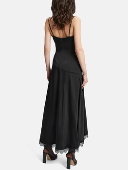 Готическое платье, кружевное длинное платье без рукавов, Черное кружевное платье с V-образным вырезом, кружевная отделка, облегающее готическое Винтажное платье с рюшами и высоким разрезом