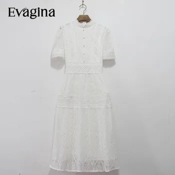 Шифоновое длинное платье Evagina с открытой шнуровкой на талии, весенне-летние женские новые праздничные платья со стоячим воротником и пышными рукавами