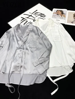 [YOZOU] Роскошные негабаритные свободные шелковые атласные Элегантные блузки, рубашки, вышитые женские топы, трендовый Черный Серый Белый Корейский стиль