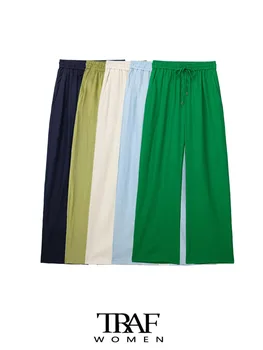 TRAF Женские модные льняные широкие брюки с боковыми карманами, винтажные женские брюки с высокой эластичной талией и завязками, Mujer