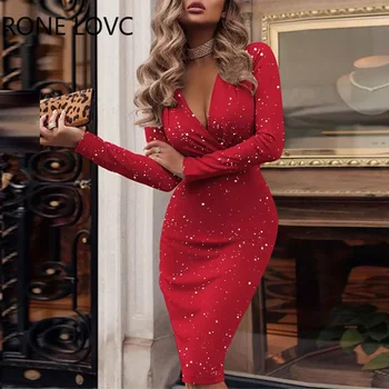 Женские элегантные платья с глубоким V-образным вырезом и длинными рукавами, блестящие облегающие красные платья выше колена