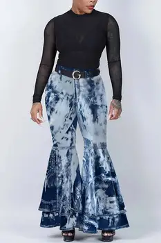 Женские джинсы Tie Dye, расклешенные брюки Wasit, большие размеры, синий деним С рюшами на карманах, Широкие джинсы, Модные женские брюки, брюки
