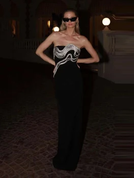 2023 Женская Черная повязка без рукавов без бретелек с бриллиантами, Длинное Макси Облегающее платье для вечеринки знаменитостей, сексуальное коктейльное вечернее платье Vestidos