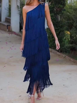 Макси-платье Deioao с открытыми плечами, без рукавов, с отложным воротником, с кисточками, со сборчатым подолом, с оборками, сексуальное пляжное платье для вечеринки, на одно плечо, тонкое, синее