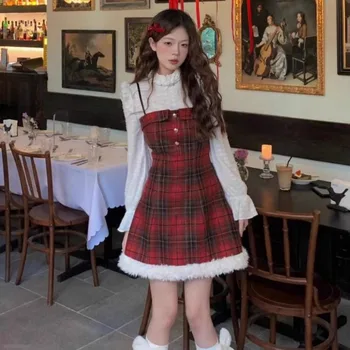 Корейское модное Рождественское шерстяное платье в красную клетку с белой объемной кружевной трикотажной основой, комплект из двух предметов, женская одежда