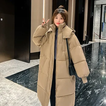 Корейская модная куртка, Женские зимние хлопчатобумажные парки, Однотонные утепленные женские зимние куртки с капюшоном, свободная одежда с подкладкой