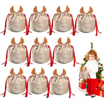 Рождественский мешочек, 10 штук рождественских маленьких мешочков для конфет, бархатный мешочек для хранения сладких закусок с оленьими рогами, рождественский мешочек для подарков для вечеринок