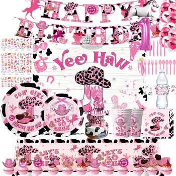 Розовый Набор посуды для пастушки в стиле Вестерн, украшения для вечеринки по случаю дня рождения Девушки с Дикого Запада, Тарелки, чашки, Топперы, глобусы для детского душа, мягкие материалы