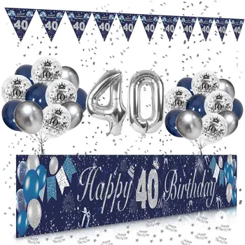 украшения на 40-й день рождения Для мужчин и женщин, принадлежности для вечеринки по случаю Дня рождения, синие серебряные воздушные шары на день рождения, баннер с Днем рождения на 30-й день рождения, реквизит для фотосессии