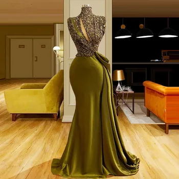Оливково-зеленое платье для выпускного вечера, вечерние платья в стиле русалки, модные платья для выпускного вечера с высоким воротником, без рукавов, с блестками и бусинами, блестящее вечернее платье