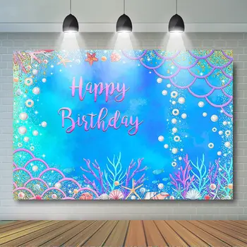 На фоне морской Русалки Украшение для вечеринки по случаю дня рождения девочек Жемчуг и золотой блеск Кораллово-голубой фон