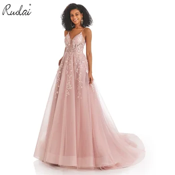 Розовое платье для выпускного вечера, вечернее платье на бретельках, расшитое бисером, вечернее платье без рукавов с V-образным вырезом, вечернее платье для женщин LWC1079