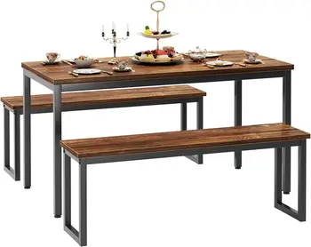 Кухонный стол с 2 Скамейками, Обеденный стол на 4 Персоны, Журнальный столик для завтрака из 3 предметов, Промышленный Коричневый