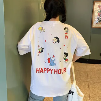 Новая Мультяшная Хлопковая футболка Happy Hour, Свободная Женская футболка средней длины, Рубашка Harajuku, Корейская одежда, Женская одежда, Футболка Harajuku, Короткая