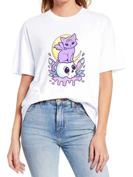 Женская футболка из 100% хлопка с короткими рукавами и принтом Лунного кота, милый подарок на день рождения, топы, футболка для красивой девушки