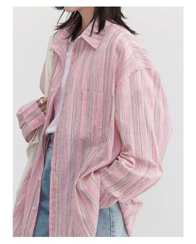 Новинка 2023, летняя женская рубашка, Тонкие Свободные полосатые Розовые льняные блузки, женский топ с длинным рукавом, солнцезащитное пальто, женская одежда