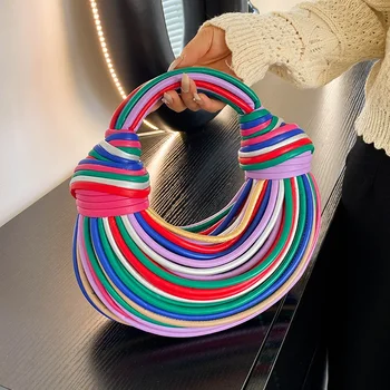Женские сумки Rainbow, тренды 2023 года, роскошный дизайнерский бренд, сумки для лапши ручной работы, завязанные веревочным узлом, золотой вечерний клатч Hobo