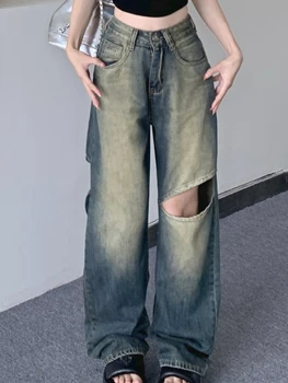 Летние Винтажные дизайнерские джинсы на пуговицах, женские карманы, Корейские модные Широкие брюки, Женские повседневные крутые брюки с высокой талией, новинка 2023 года