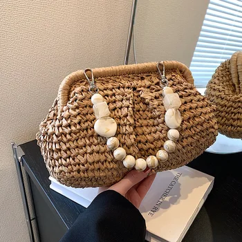Женская сумка из плетеной соломы Нового дизайна 2024 года, летняя сумка с ручкой Peral, сумка через плечо, сумка подмышками, кошельки и сумки