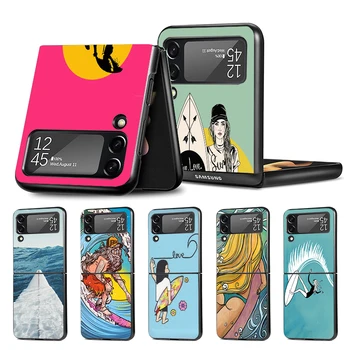 Доска Для серфинга Surfing Girl Летний Чехол Для Телефона Samsung Galaxy Z Flip4 Flip3 5G Black Coque Z Flip 4 3 Жесткий ПК Роскошный Чехол Zf