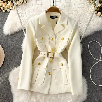 Модный женский костюм, пальто 2023, Осень / Зима, Новый Британский стиль, Высококачественный Металлический Двубортный блейзер, Винтажный пояс, Белая куртка