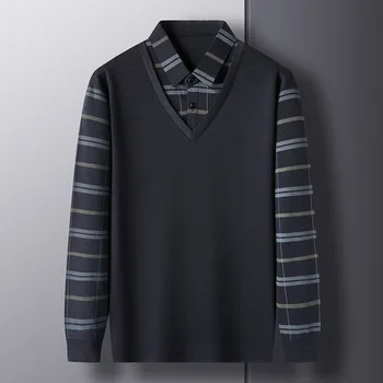 Весенне-осенний мужской пуловер с воротником в сплошную полоску, поддельная футболка из двух частей с длинным рукавом, Модные повседневные топы