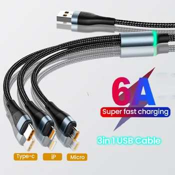 6A USB-кабель для зарядки TypeC 3 в 1 100 Вт Быстрая Зарядка Micro для iPhone 14Pro Для Huawei Xiaomi Samsung Кабель для передачи данных в нейлоновой оплетке