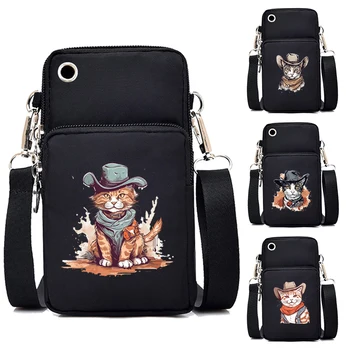 Сумки для мобильных телефонов для женщин с изображением ковбойского кота, маленькие сумки через плечо, сумочка в стиле харадзюку, женские сумки через плечо с забавными животными.