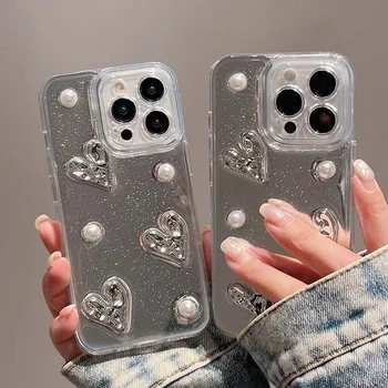 Роскошный 3D Жемчужный Чехол Для Телефона Love Heart Для iPhone 14 Pro Max 11 12 13 Pro Max 14 Plus С Блестящим Зеркалом И Мягкой Задней Крышкой из ТПУ