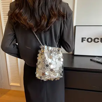 Женская сумка через плечо с блестками 2023, Корейская новая роскошная Дизайнерская модная сумка, кошелек, Серебряная трендовая цепочка, флэш-сумка-ведро