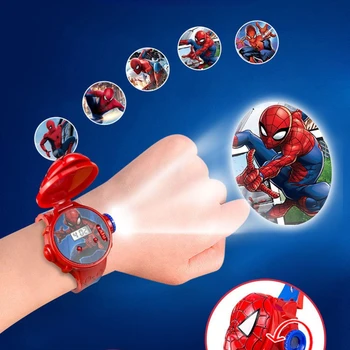 Детские мультяшные часы Disney Cool Ptojection с изображением Человека-паука Marvel, мальчика-единорога, принцессы Эльзы, флэш-электронные студенческие игрушечные часы