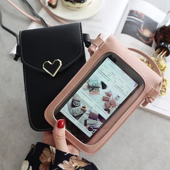 Модная сумка для мобильного телефона, прозрачный кошелек для монет с сенсорным экраном, сумочка для девочек, милая маленькая сумка для мобильного телефона с пряжкой в форме сердца