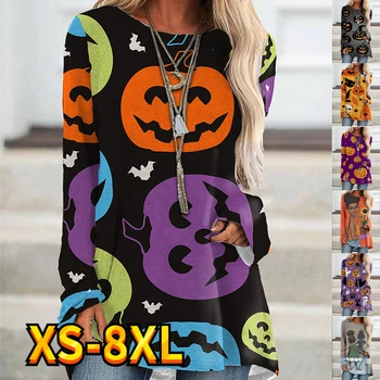 Женские топы, футболка, мультяшная картина в виде тыквы на Хэллоуин, активные виды спорта, повседневная толстовка выходного дня с длинным рукавом Essential XS-8XL
