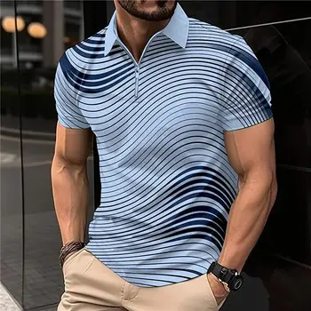 Полосатая рубашка поло с графическим принтом, короткий рукав, весенне-осенняя футболка с отворотом на молнии, мужская верхняя уличная повседневная модная рубашка