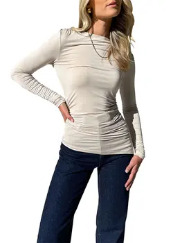 Женская футболка с круглым вырезом и длинным рукавом, нерегулярные однотонные облегающие женские осенние топы, уличная одежда