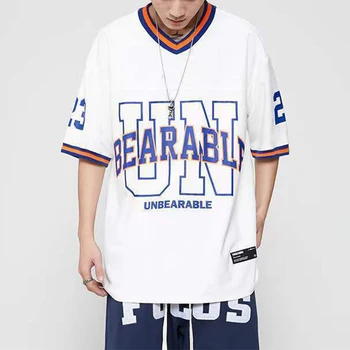 Хип-хоп буквенный принт, V-образный вырез, Американская свободная футболка с коротким рукавом, женская мужская спортивная бейсбольная форма, повседневные Ins Летние футболки, топы