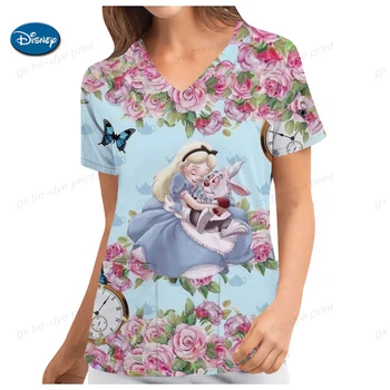Больничные футболки, униформа медсестры, женская одежда, Летние футболки, рубашка с V-образным вырезом, топы с карманами, футболка с принтом принцессы Диснея, Топ для женщин