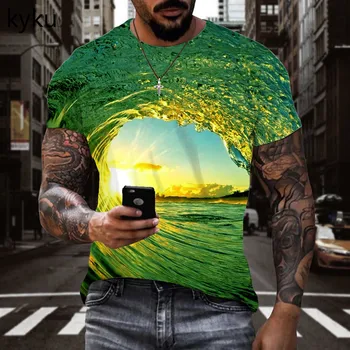 Футболка KYKU Waves, мужская футболка Ocean, забавные футболки с принтом Солнца, Зеленая футболка, мужская одежда с принтом, футболки, новая уличная одежда, большой размер
